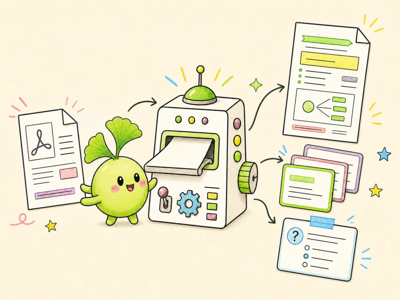 EduFiche illustration showing a course transformed into an AI study sheet